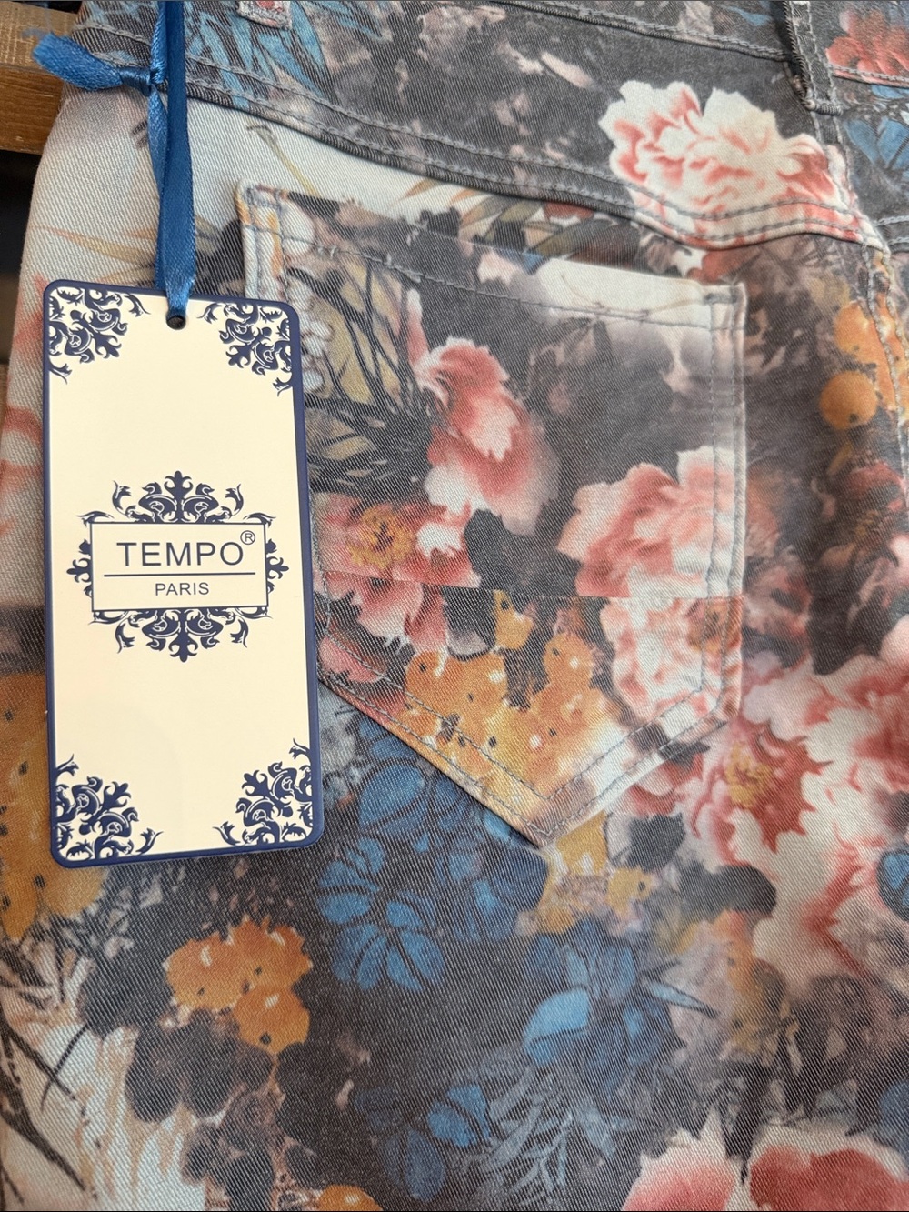 Tempo Paris Floral Denim Jacket and Jeans Set - Blue, Pink, Tan - Picture 7 of 10